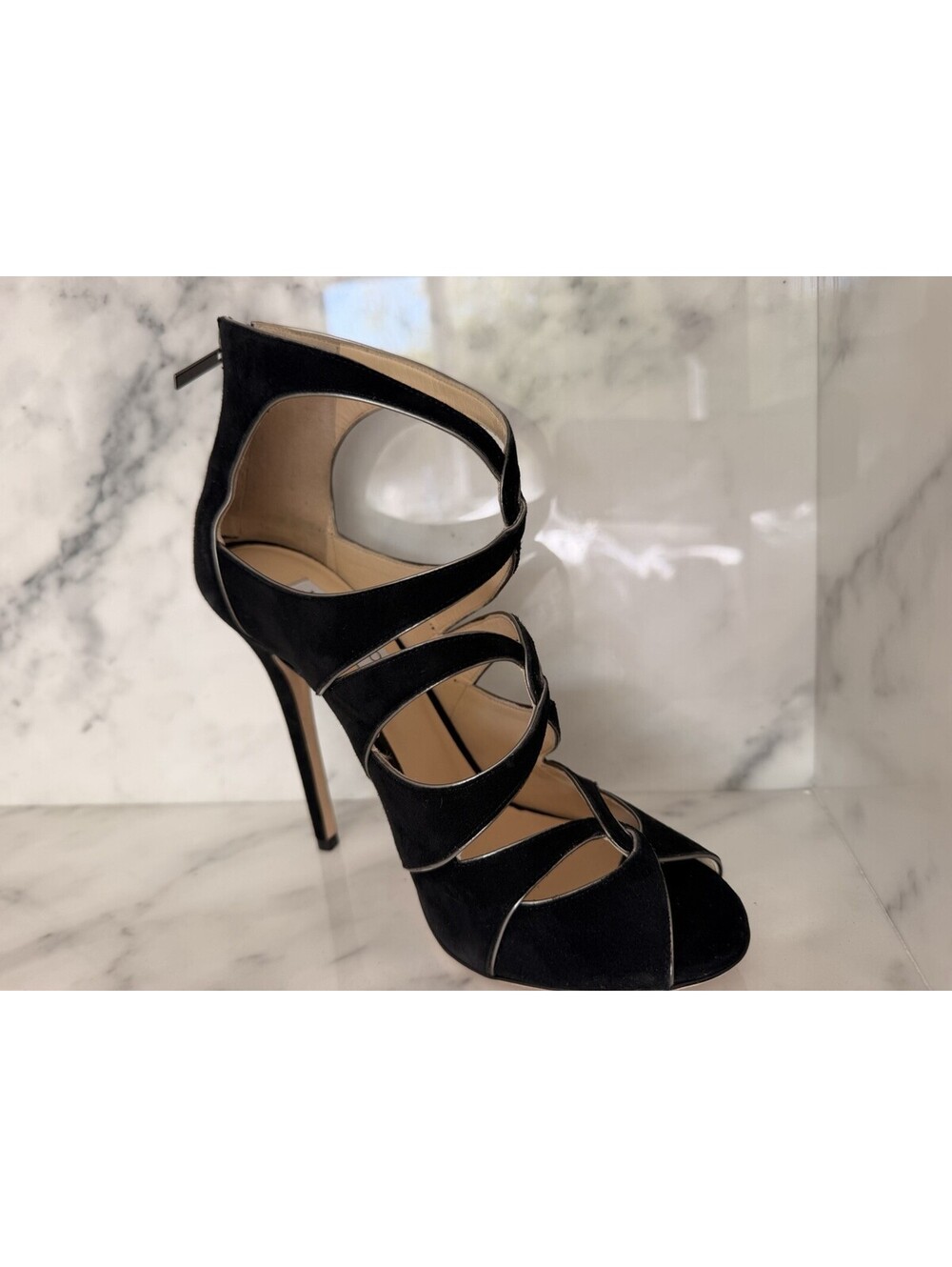 Jimmy Choo Black Suede Strappy Peep Toe Stiletto Heels Size 38.5 Made in Italy